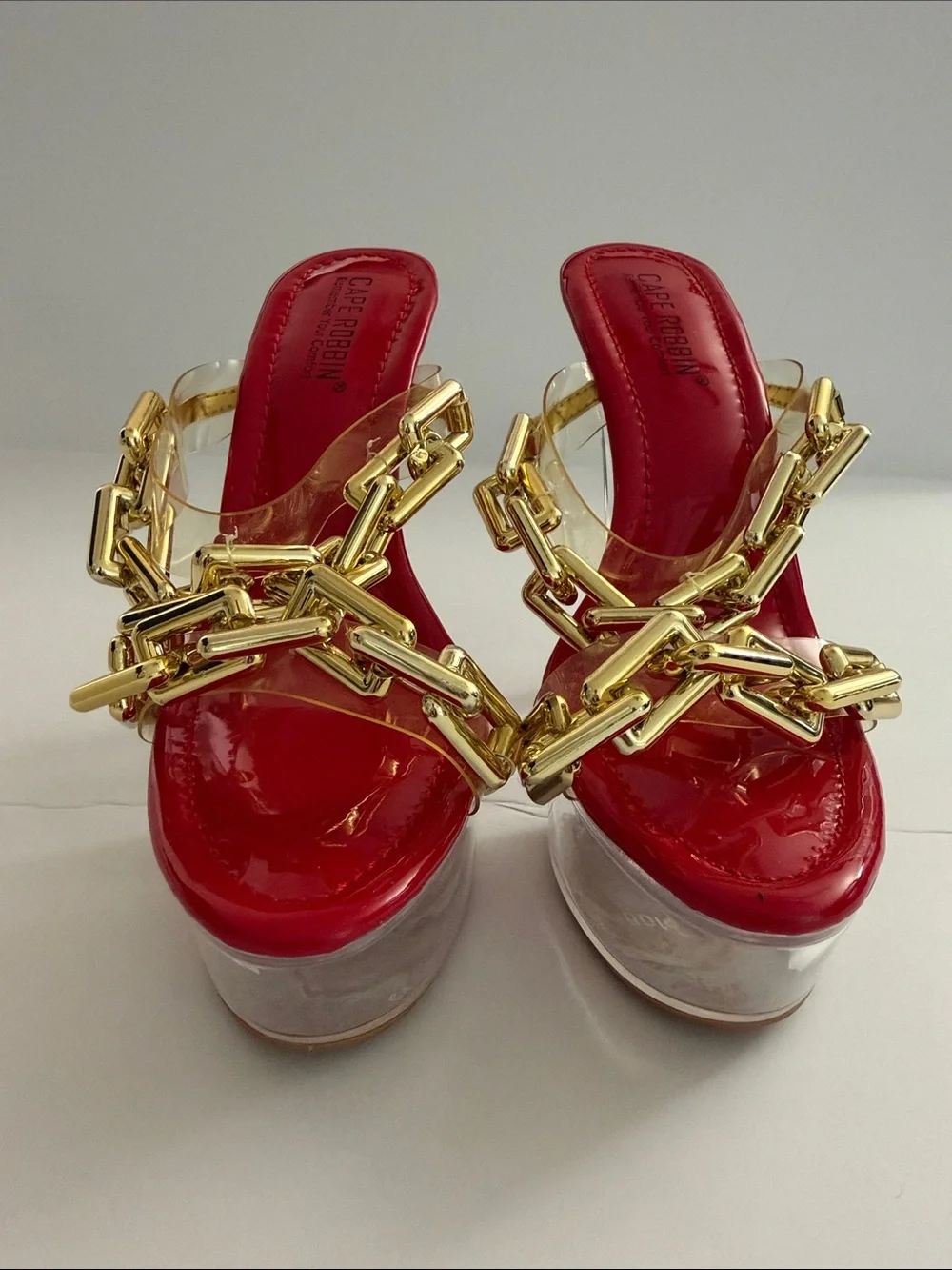 Cape Robbin Clear Platform Sandal with Red Upper and Gold Chain